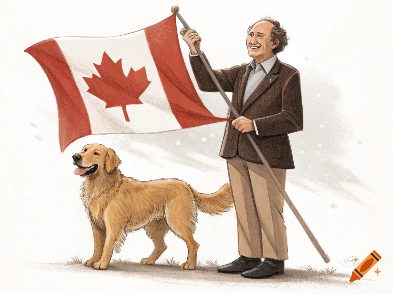 A man resembling Pierre Trudeau holds a Canadian flag while standing next to a golden retriever dog in a drawing.