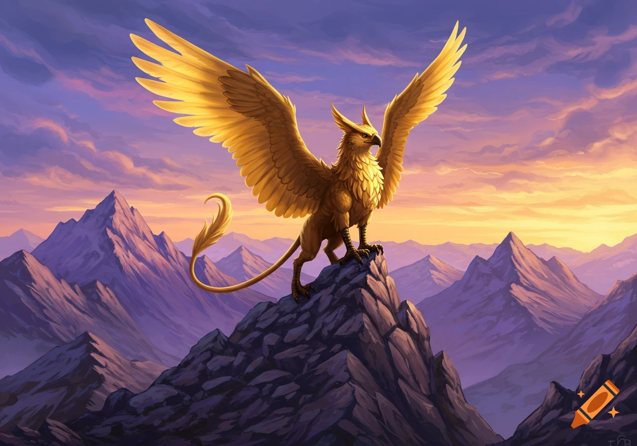 A golden gryphon with spread wings stands atop a mountain peak against a vibrant purple and orange sunset sky. Illustrated fantasy art.