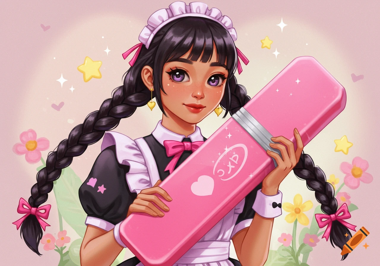 A stylized illustration of a maid with dark pigtails holding a large pink eraser, surrounded by flowers and stars.