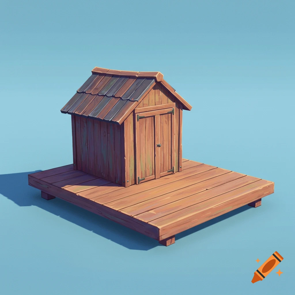 A stylized 3D render of a small wooden shed with a dark roof sitting on a wide wooden platform against a solid light blue background.