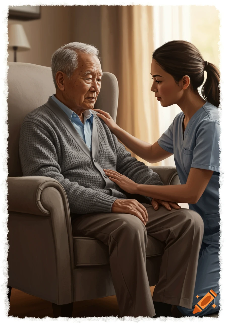 An elderly Asian man in an armchair is comforted by a young woman in a light blue uniform. Digital painting.