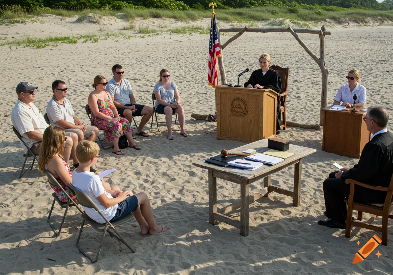 A legal custody hearing takes place on a sandy beach with a judge at a podium and participants seated in chairs.
