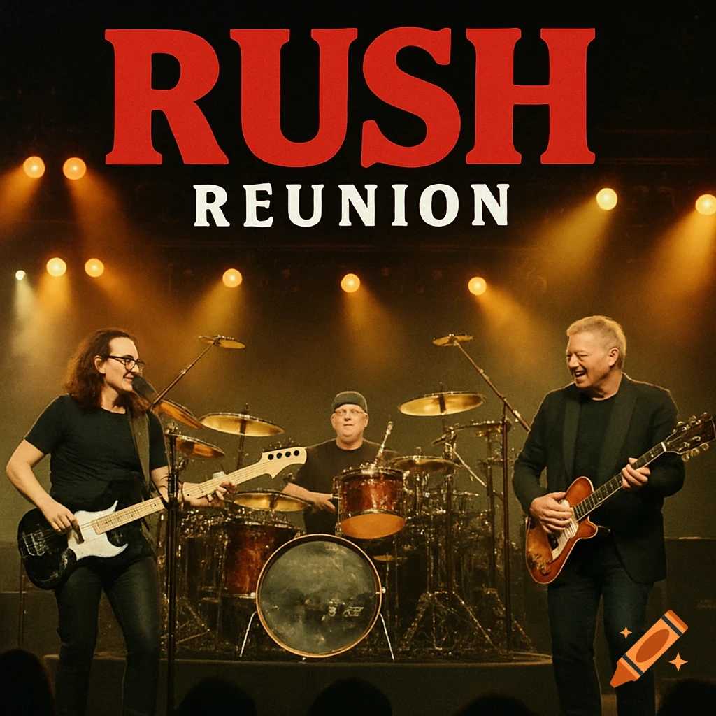 A band performs on stage under spotlights, with 'RUSH REUNION' text above them, styled as an album cover.