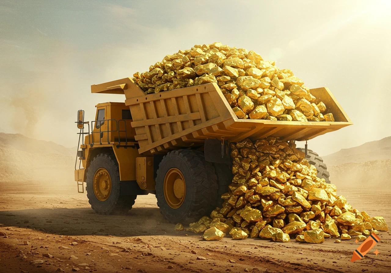 A large yellow dump truck overflowing with gold nuggets on a dusty mining site under a bright sky, with some gold spilling onto the ground.