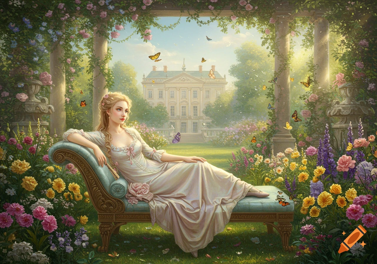 A young woman in a Rococo-style gown rests on a chaise lounge in a lush, sunlit garden with a grand mansion in the background.