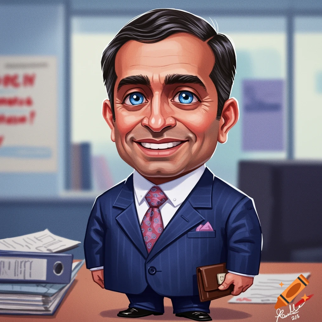 A cartoon caricature of a smiling man with a large head and blue eyes, wearing a blue suit and red tie, standing in an office.