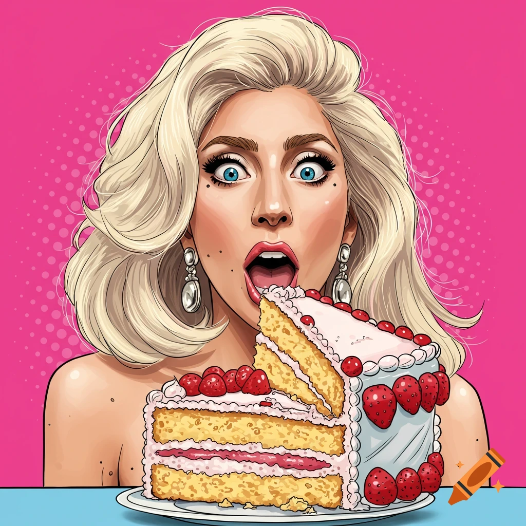 Pop art illustration of a blonde woman with wide eyes and open mouth about to eat a large slice of strawberry cake.