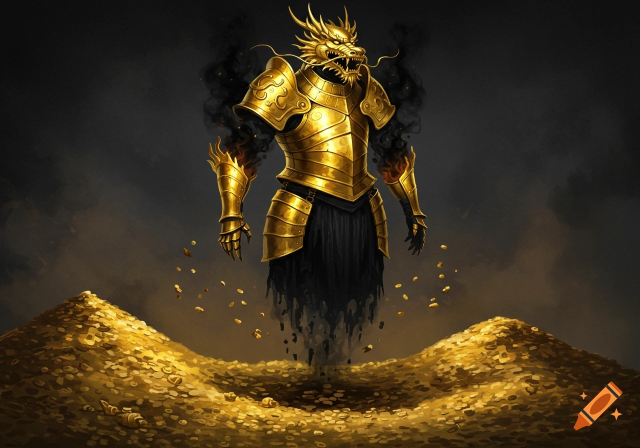 A golden dragon spirit in armored plating rises from a pile of gold coins, surrounded by dark mist.