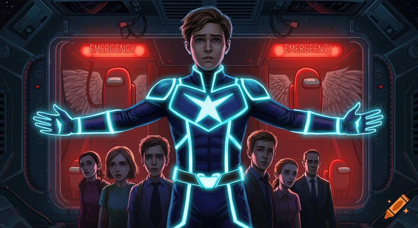 Heroic boy in glowing blue uniform protects civilians in a futuristic spaceship with red emergency lights and winged Among Us figures, comic book style.