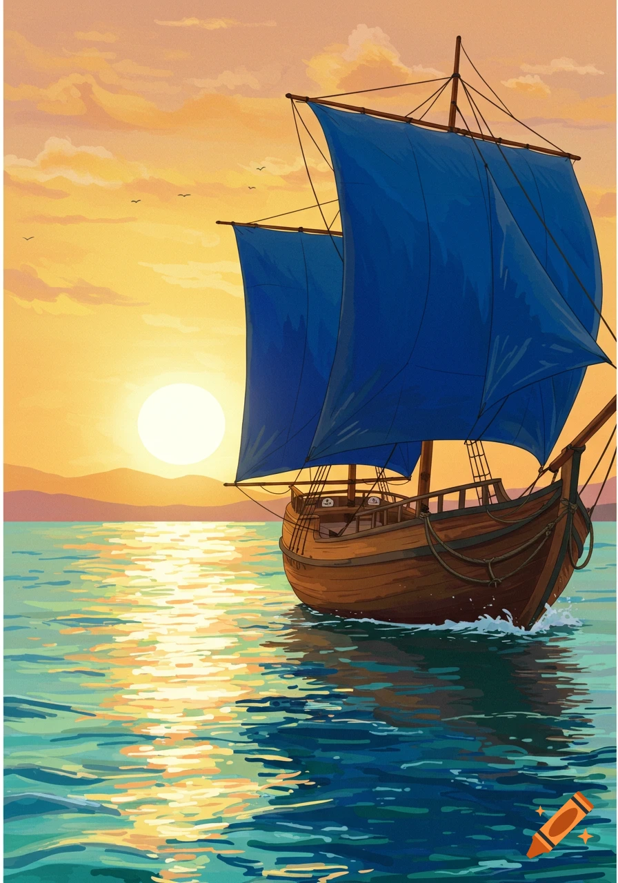 A wooden sailboat with blue sails on the water at sunset, with golden light reflecting on the water.