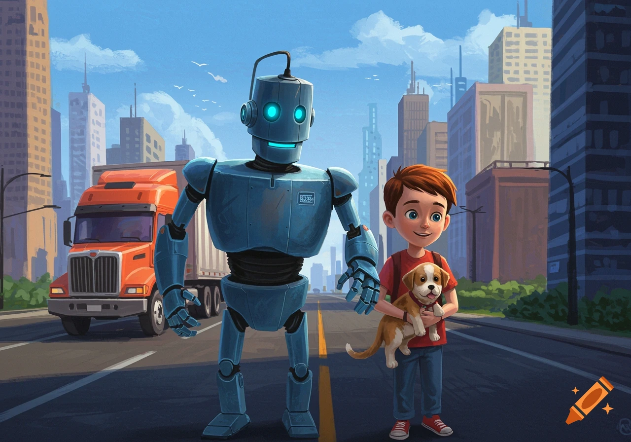 A large blue robot stands on a city street next to a boy holding a puppy, with an orange semi-truck in the background, in a cartoon style.