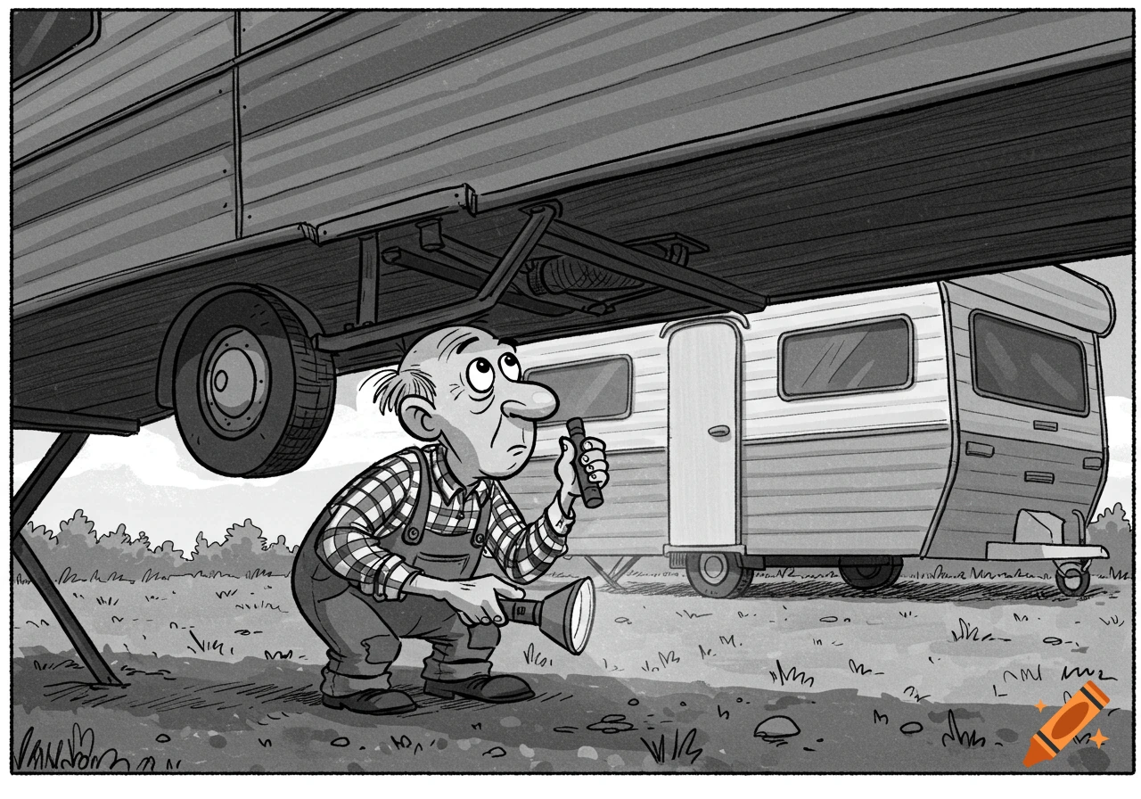A man in overalls inspects the underside of a caravan with two flashlights, in a black and white cartoon style.