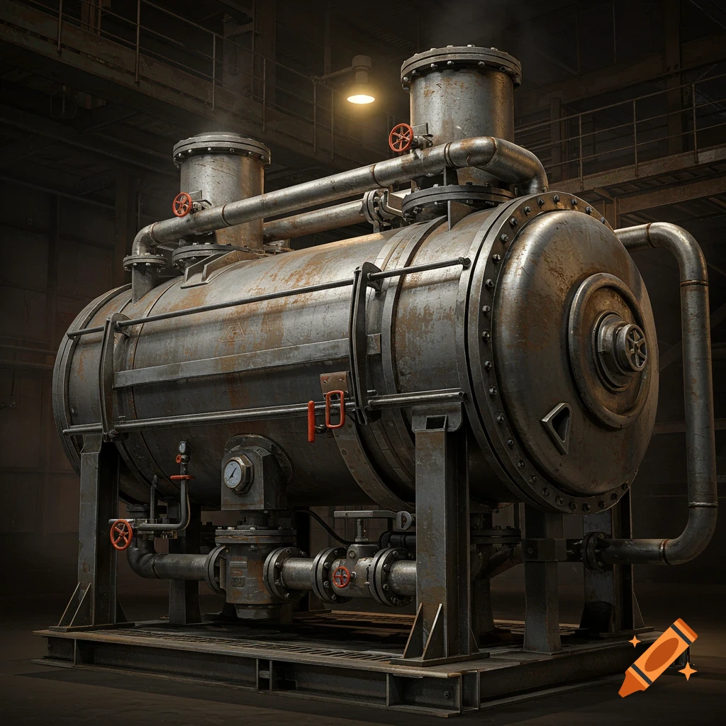 Photorealistic image of a large, rusty industrial steam drum with intricate pipes, valves, and gauges in a dim factory.