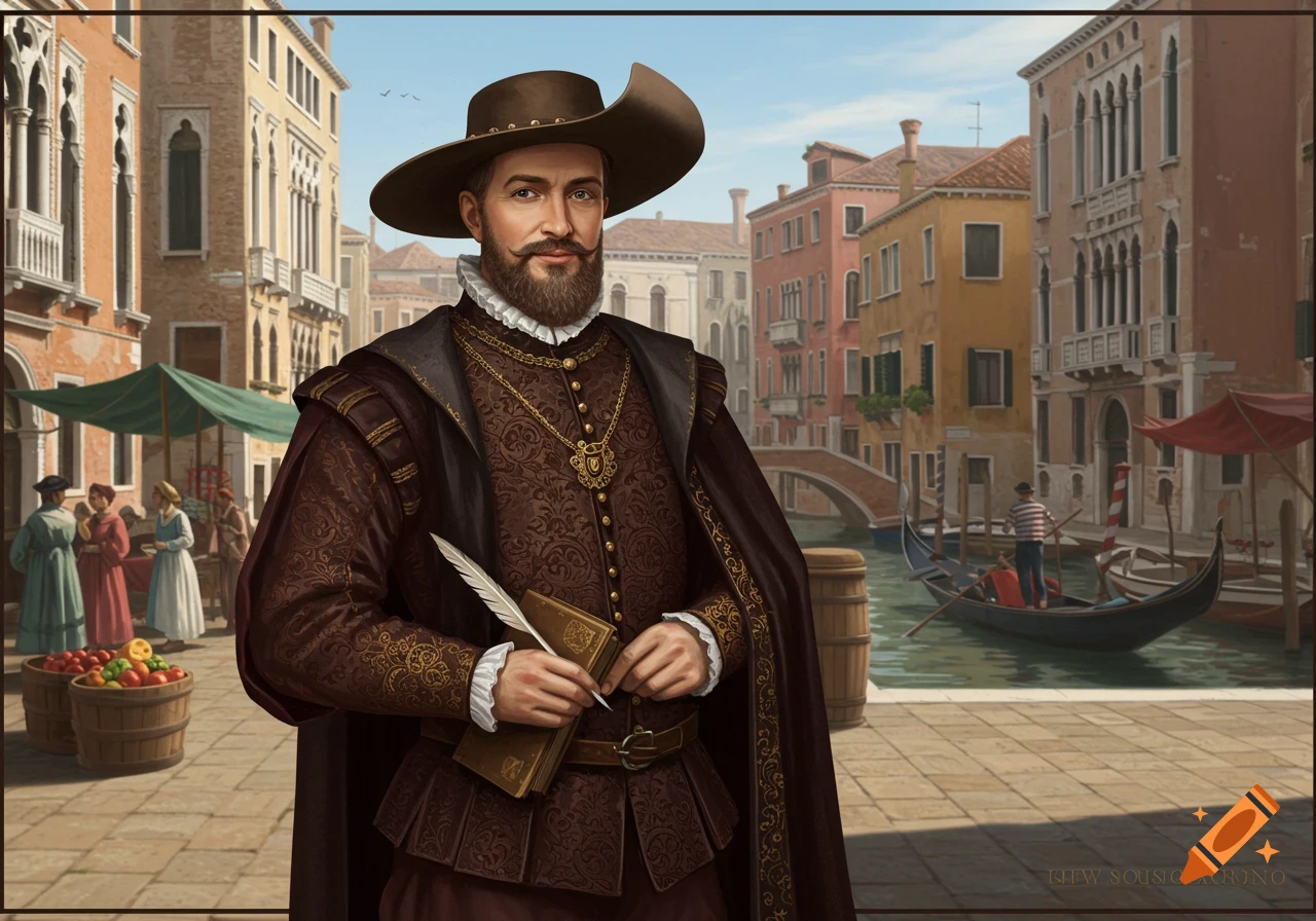 A man in 16th-century attire, with a beard and hat, holding a quill and book, stands in a Venetian alley with canals and market stalls.