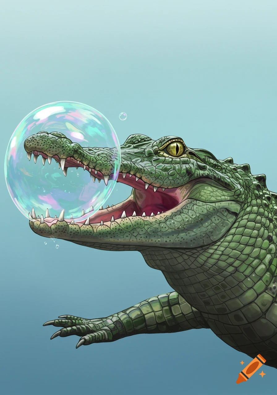 A vibrant illustration of an alligator with its mouth open, a large colorful bubble hovering just in front of its snout, against a light blue background.