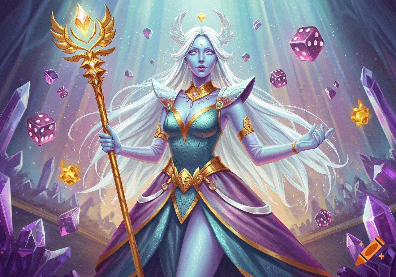 A blue-skinned goddess with white hair in an elegant teal and purple gown holds a golden staff, surrounded by floating purple dice and crystals in a fantasy setting.