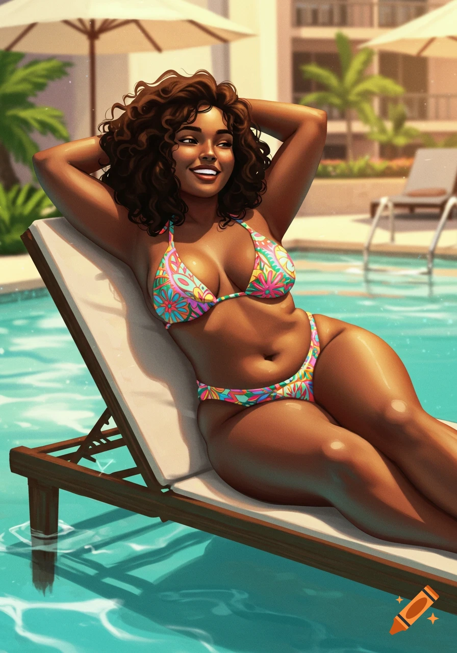 Curvy Black woman in a colorful bikini relaxing on a lounge chair by a pool, digital art style.
