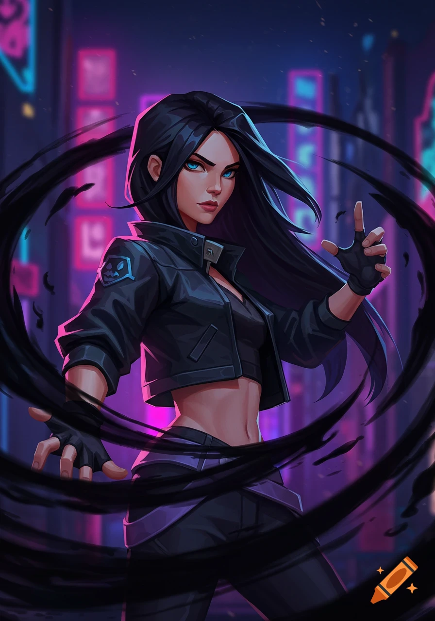 Stylized digital art of a woman with long black hair, blue eyes, in a black jacket, manipulating dark shadows in a neon city.