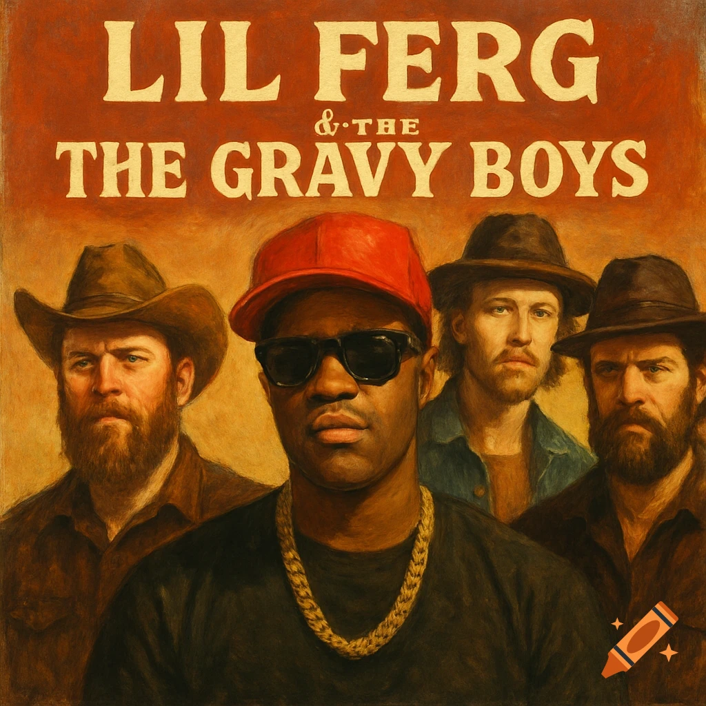 Album cover for 'Lil Ferg & The Gravy Boys' featuring a painterly portrait of four men, one in sunglasses and a red cap in the foreground.