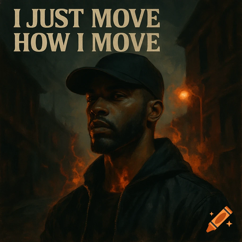 A dark, moody digital painting of a man in a baseball cap with text "I JUST MOVE HOW I MOVE" above him.