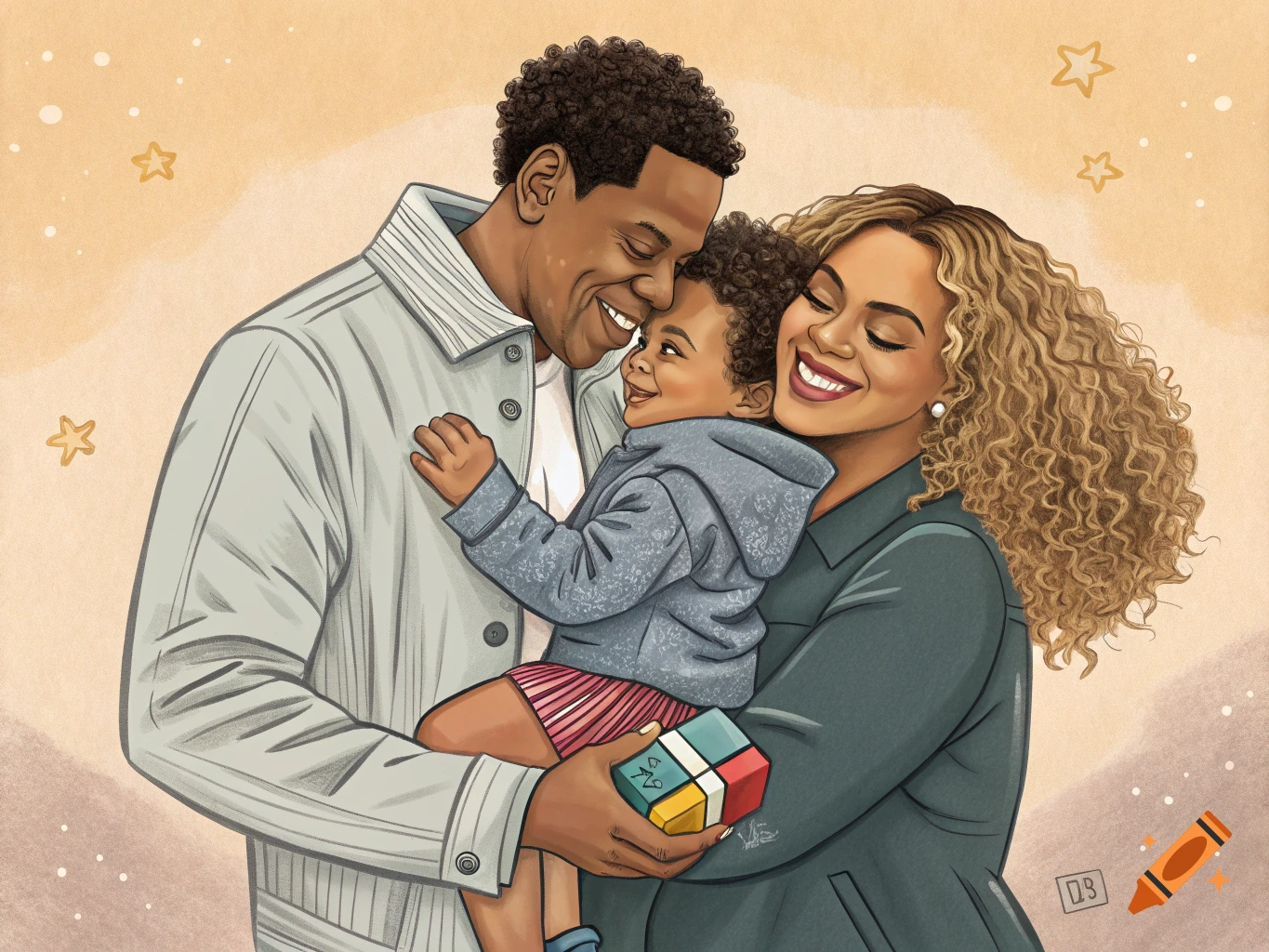 An illustration of Jay-Z, Beyonc r, and their child smiling in a warm embrace, surrounded by golden stars.