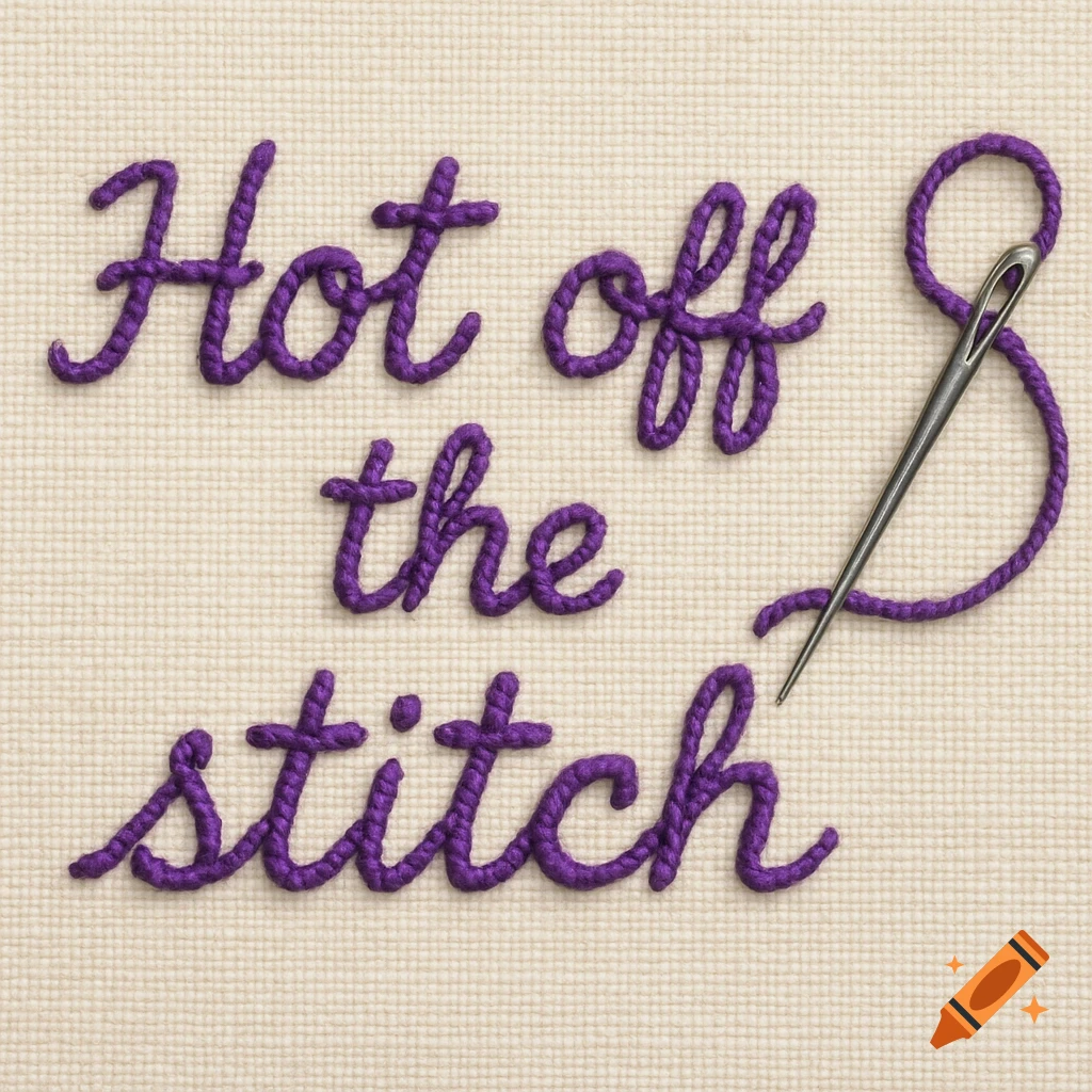 Purple embroidered text 'Hot off the stitch' on beige fabric with a silver sewing needle.