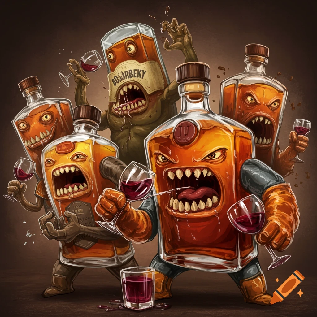 Cartoon monster bourbon bottles with sharp teeth and claws, some holding wine glasses aggressively.