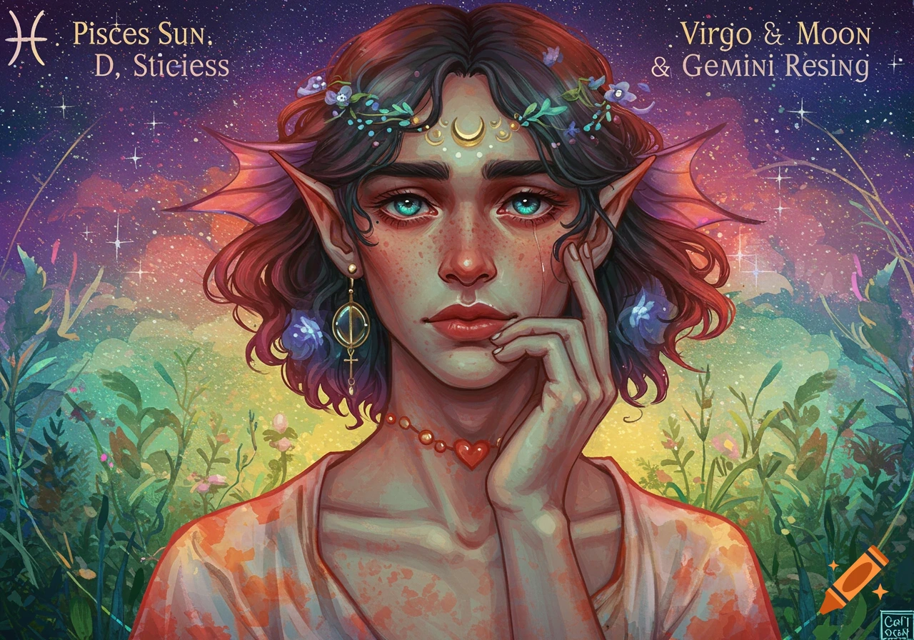 A fantasy portrait of a person with pointed, fin-like ears and blue eyes, set against a vibrant, starry and floral background.