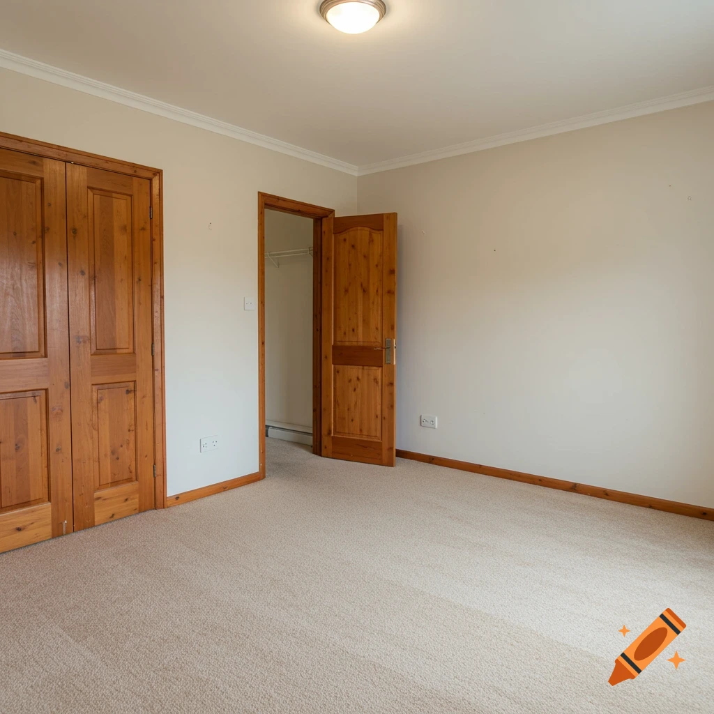 An empty room with light beige walls, tan carpet, wooden bifold closet doors, a wooden bedroom door, and white crown molding.