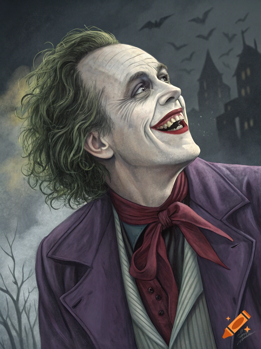 A stylized portrait of the Joker with a wide smile, green hair, and purple suit, looking up at a dark sky with bats and gothic buildings.