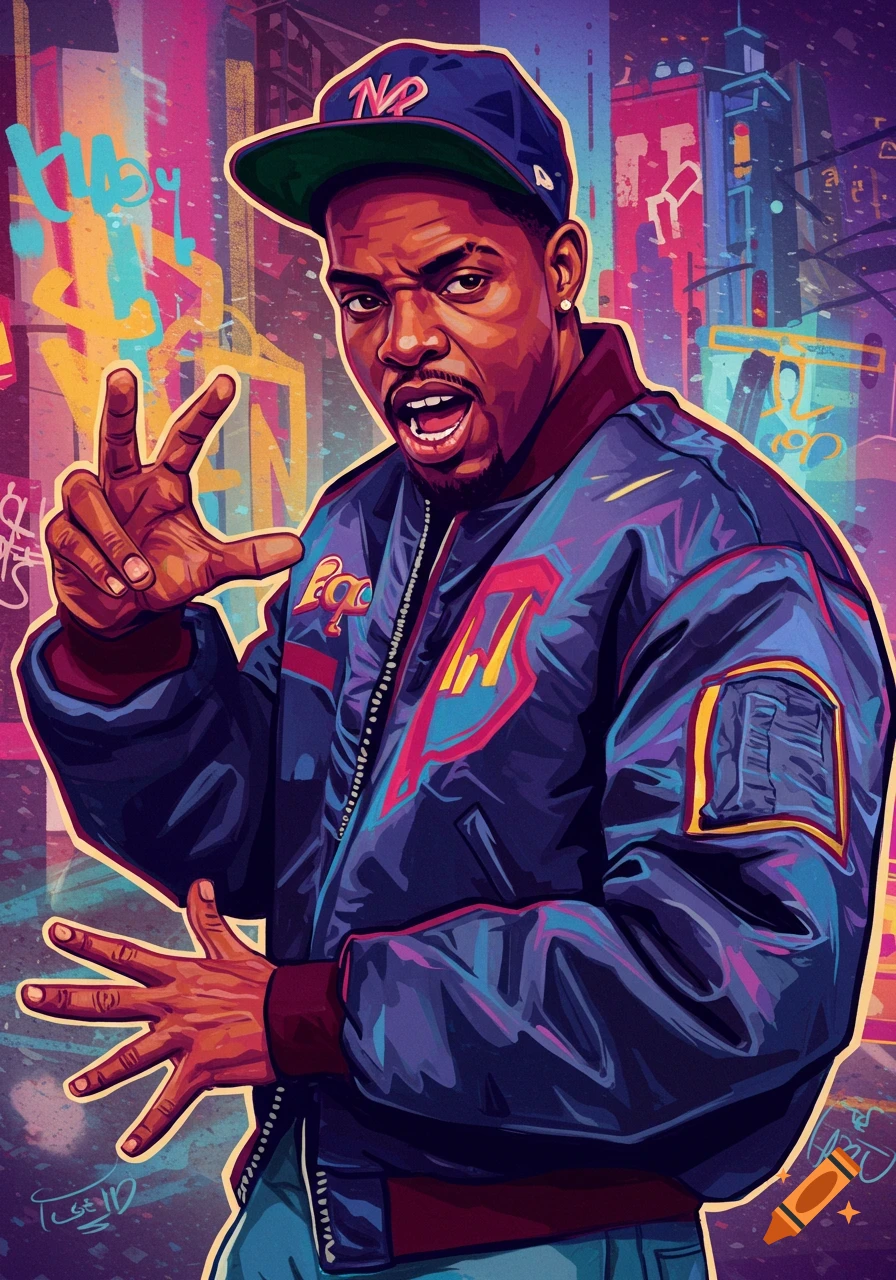 Vibrant pop art illustration of a man in a baseball cap and bomber jacket, making a peace sign, in front of a graffiti-filled urban background.