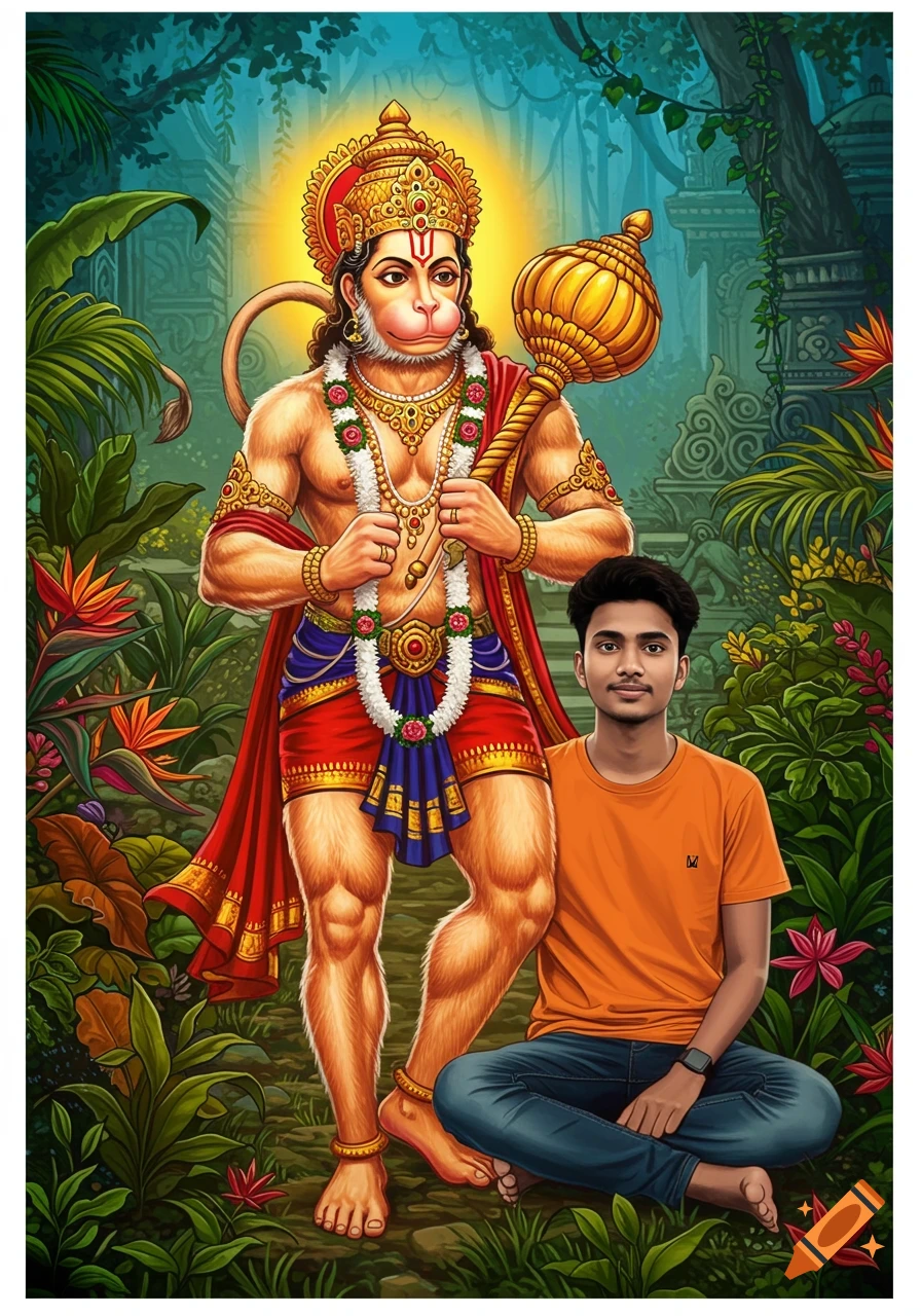 Vibrant illustration of Lord Hanuman standing with a man sitting beside him in a lush jungle with ancient ruins.