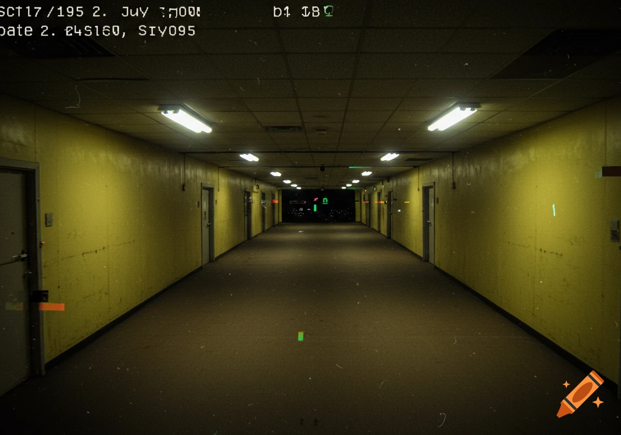 A long, dimly lit hallway with yellow walls, a brown carpet, and fluorescent lights. The image has a VHS security footage aesthetic with digital artifacts and on-screen text.