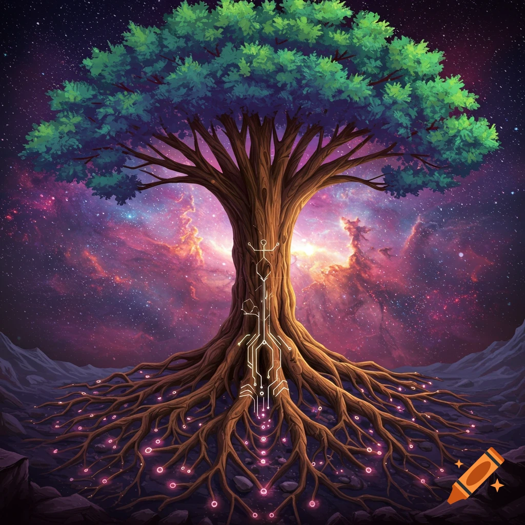 A vibrant, illustrative tree with glowing circuitry patterns on its trunk and roots, set against a cosmic nebula sky.