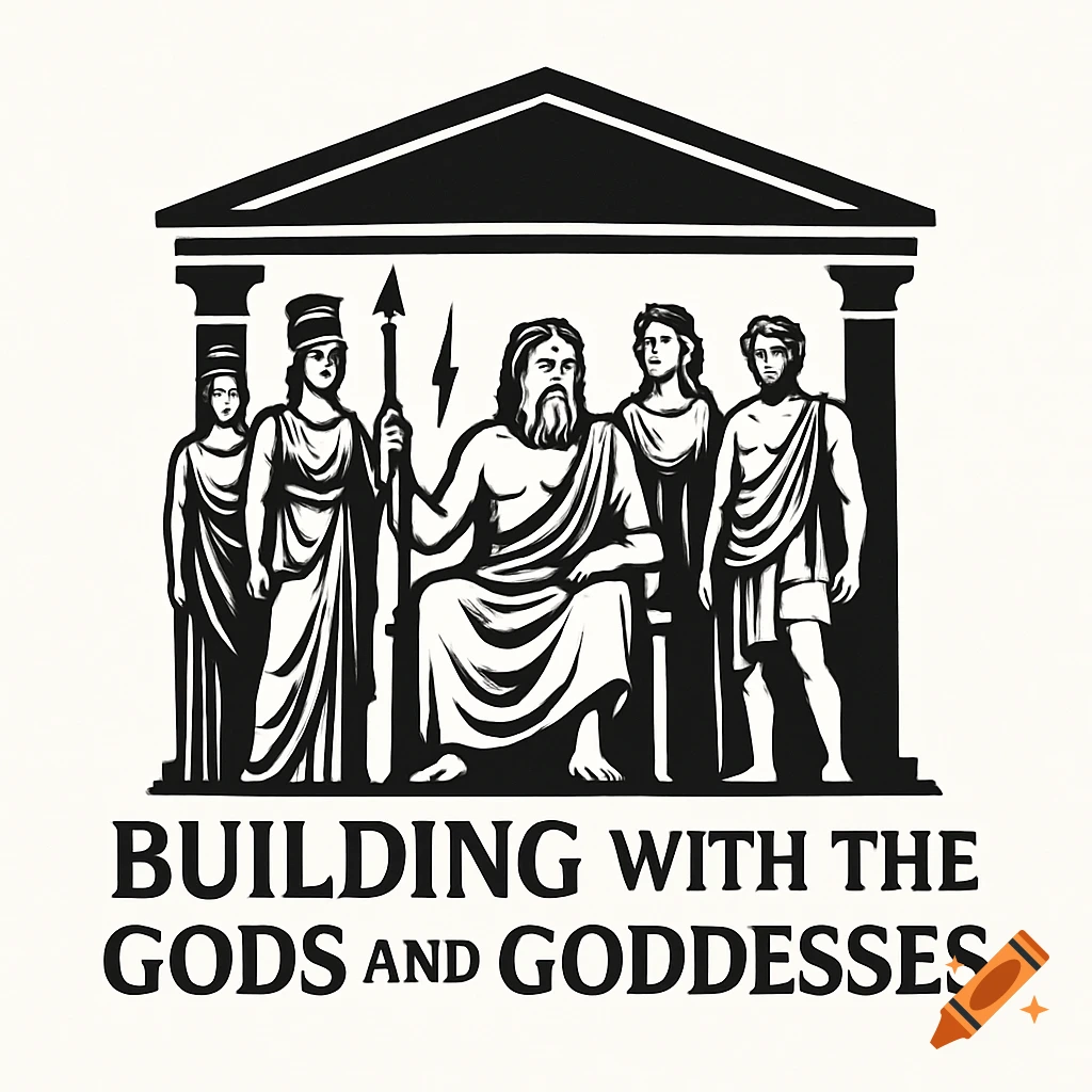 A black and white logo featuring five ancient Greek or Roman deities, with Zeus seated centrally, under a temple pediment. Text below reads "BUILDING WITH THE GODS AND GODDESSES" in bold capital letters.