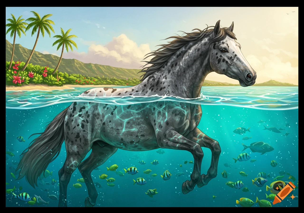 An illustrative grey dapple horse swimming in a clear blue tropical ocean with fish, a sandy beach with palm trees in the background.