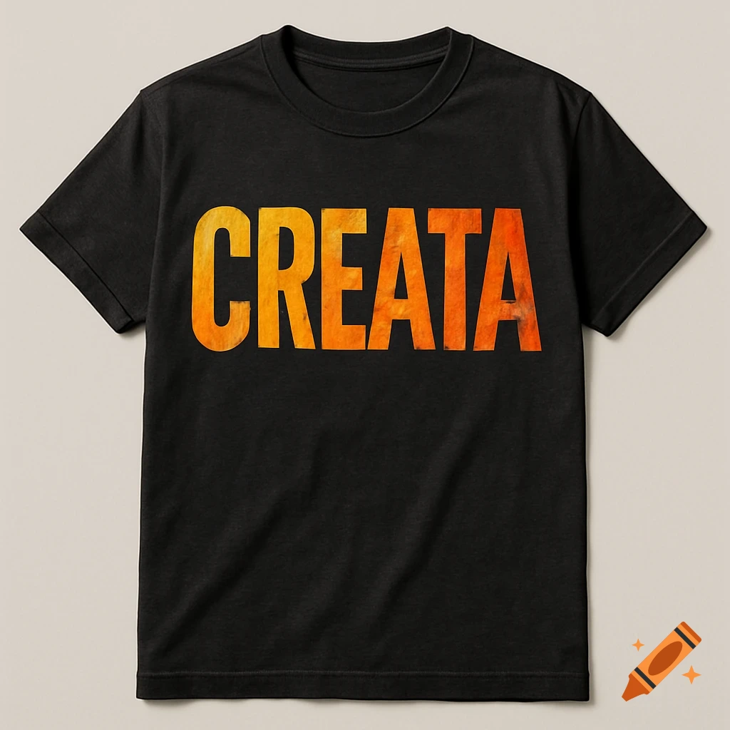 A black t-shirt with the word 'CREATA' printed in orange and yellow gradient letters.