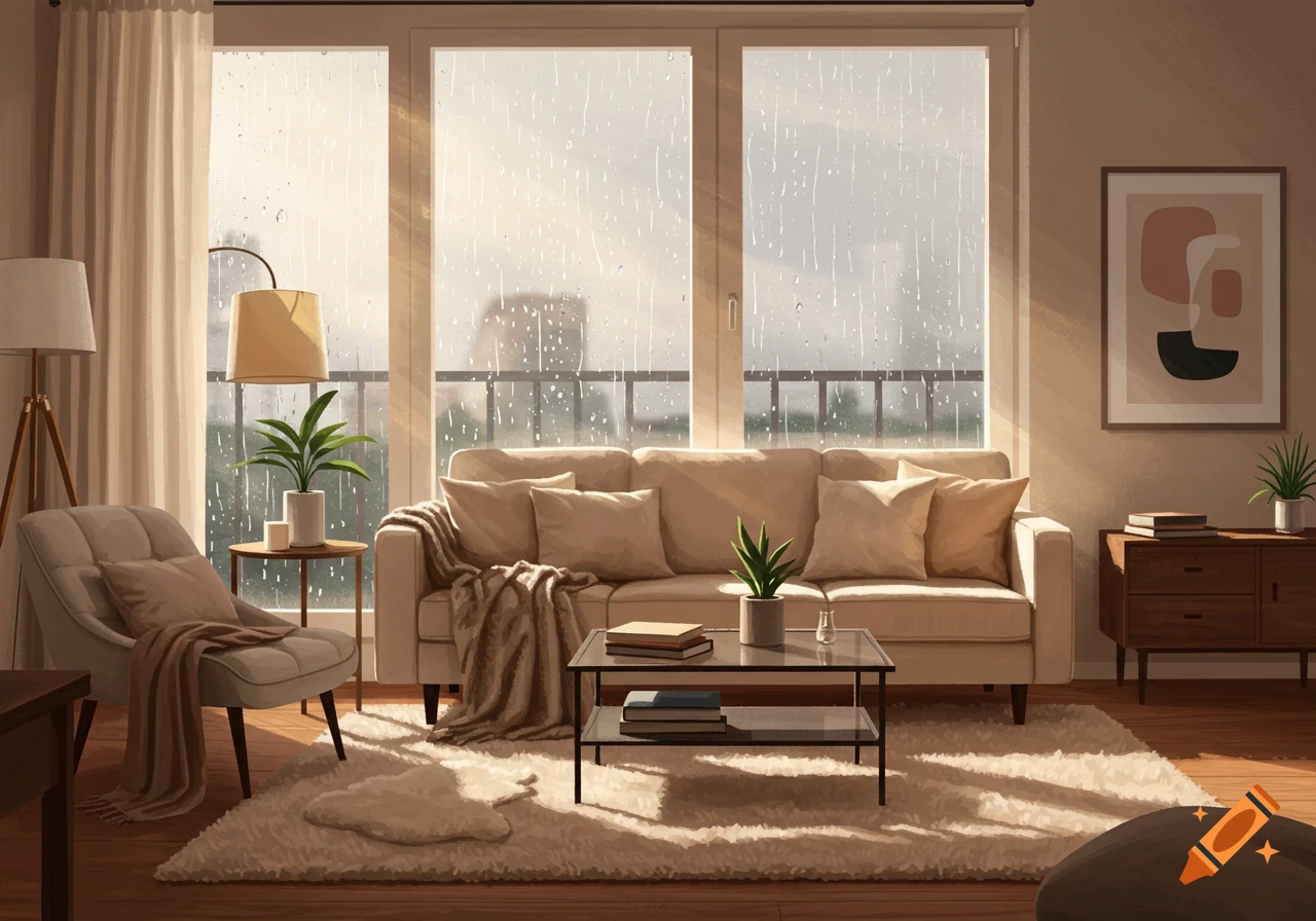 A warm and cozy modern living room with large windows showing rain outside, featuring a sofa, armchair, and plants.