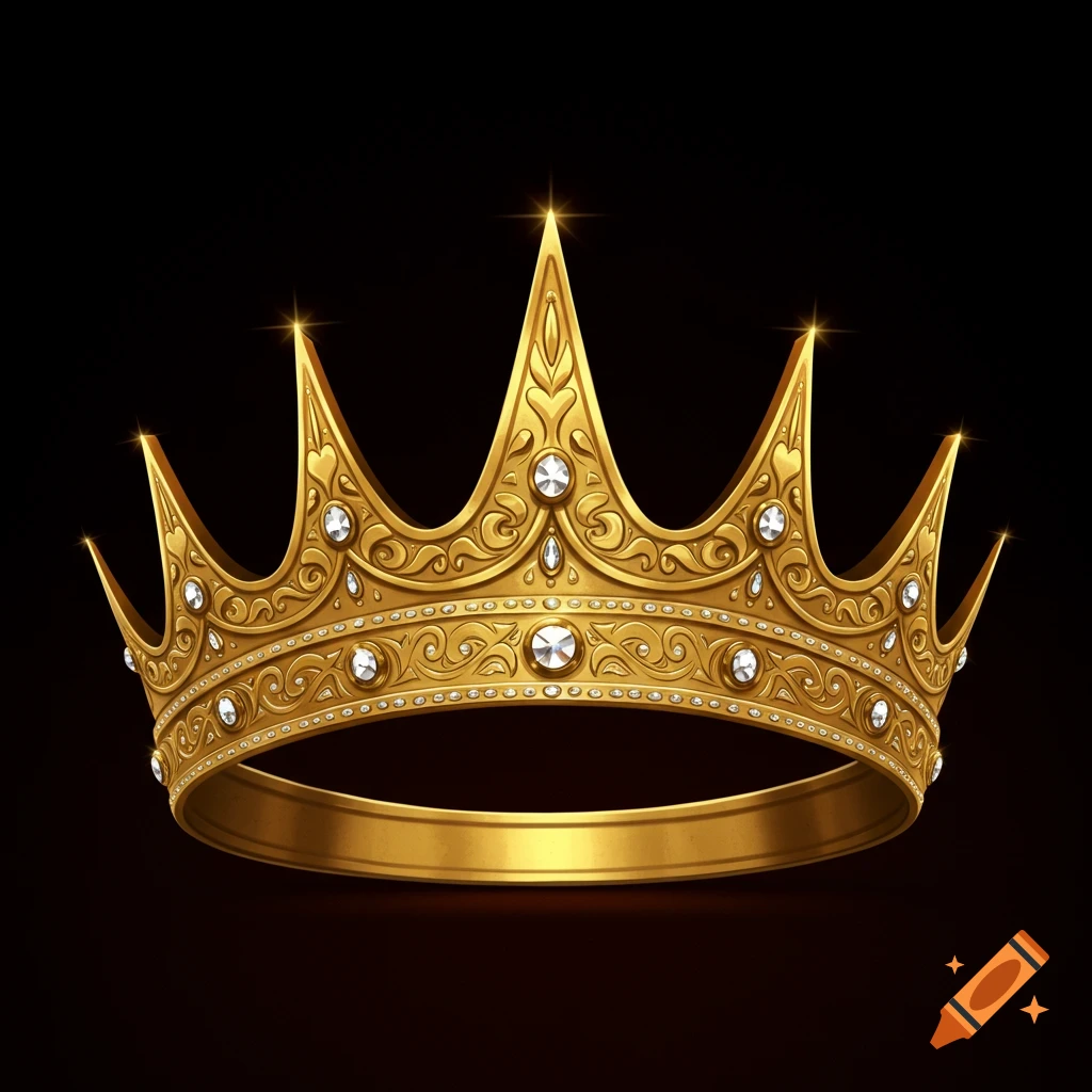A shimmering golden crown adorned with intricate designs and sparkling diamonds, set against a dark, elegant background.