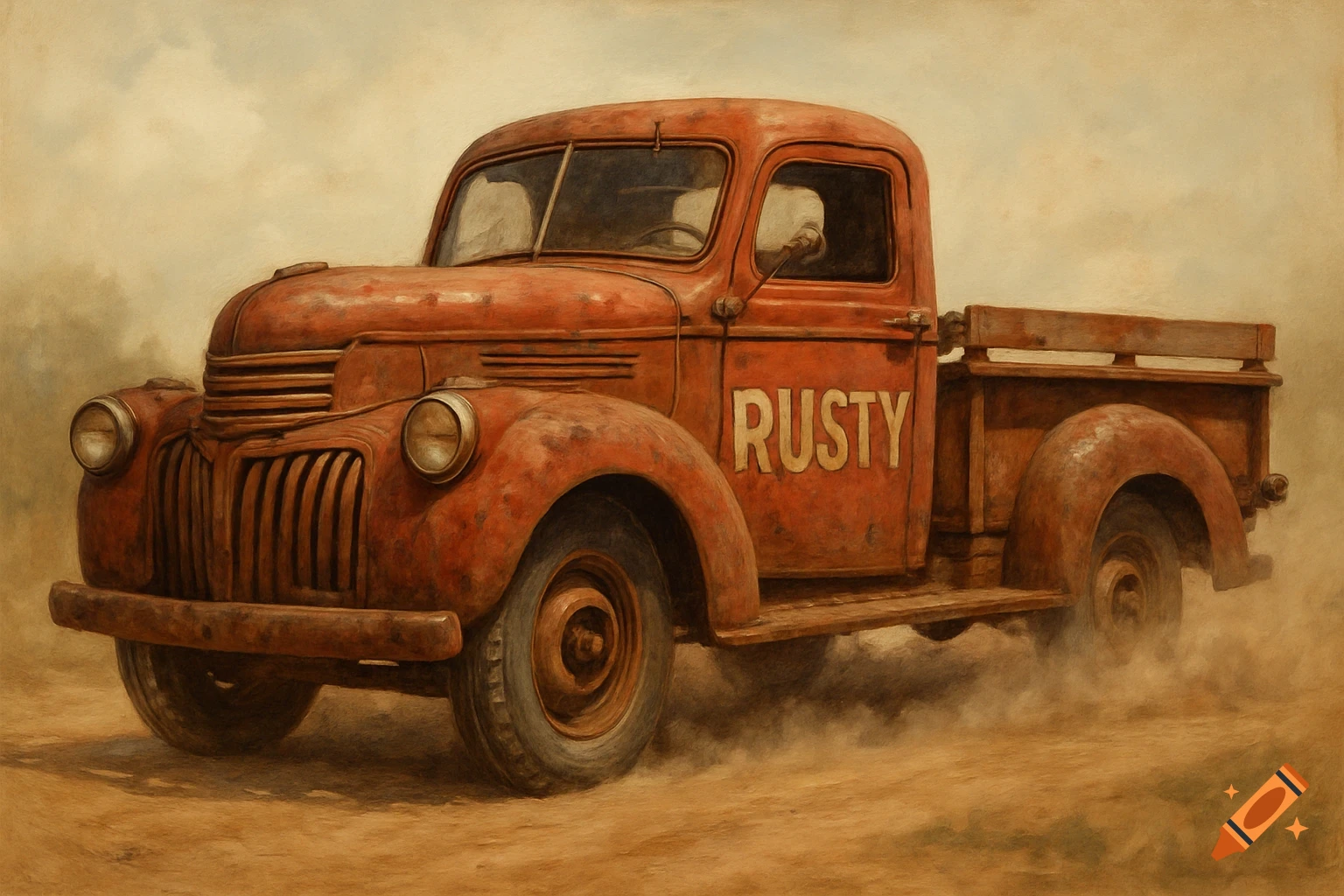 A painterly depiction of a vintage, rusted red truck with 'RUSTY' on its side, driving on a dirt road with dust.