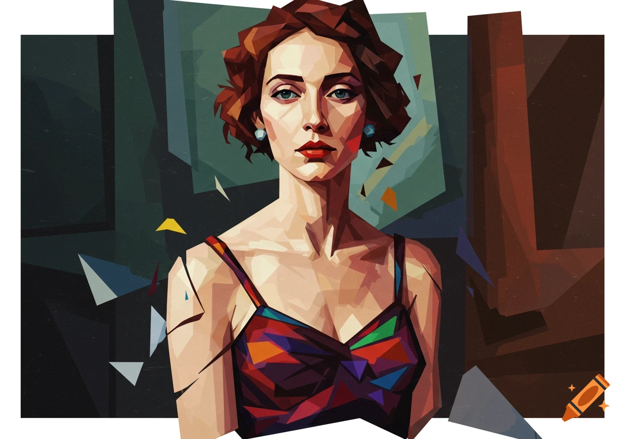 Cubism style portrait of a woman with short brown hair and a colorful geometric top.