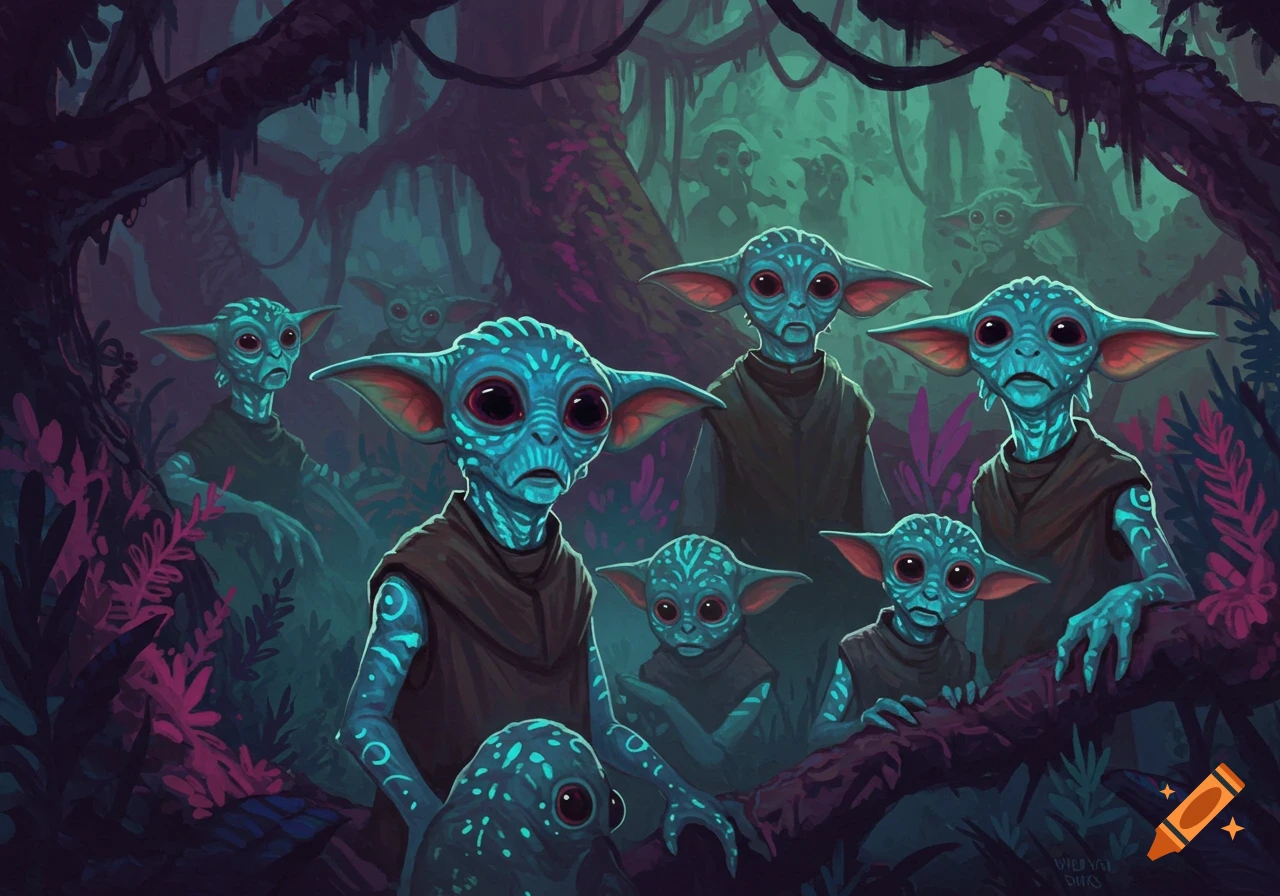 A group of blue-skinned, large-eared alien creatures resembling Yoda in a vibrant, dark jungle setting.