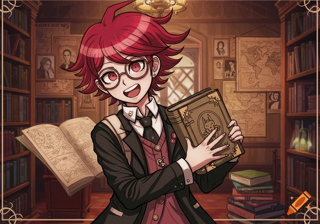 An anime-style character with red hair and glasses smiles while holding a large, ornate book in a library setting with bookshelves and maps.