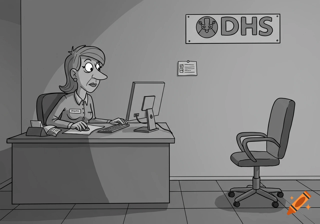 A cartoon in grayscale depicts a woman with a large nose sitting at an office desk, looking with concern at an empty chair. A sign on the wall reads "DHS."