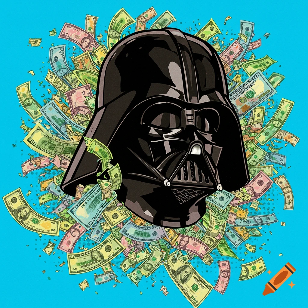 A pop art style illustration of Darth Vader's helmet surrounded by scattered, colorful banknotes on a bright blue background.