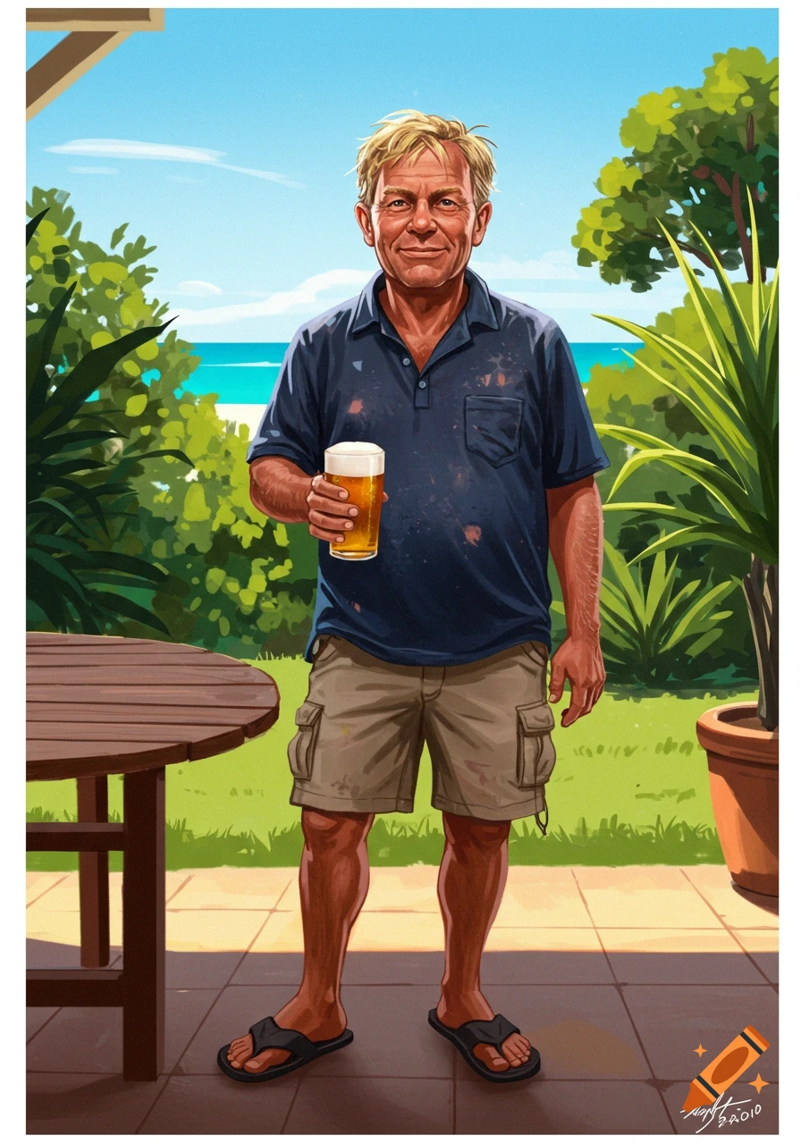 An illustrated man in a polo shirt and shorts holds a beer on an outdoor patio with a beach in the background.