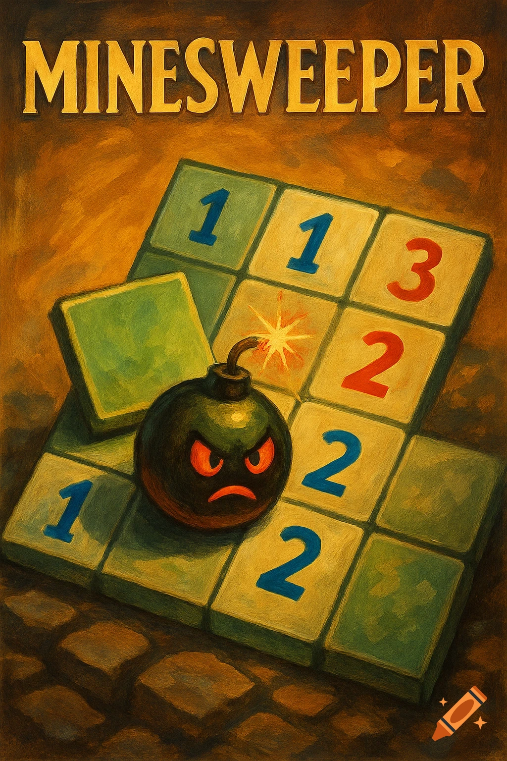 A stylized poster for the Minesweeper game, featuring an angry bomb with a lit fuse on a game board with numbered tiles and green unrevealed squares. The word "MINESWEEPER" is at the top.
