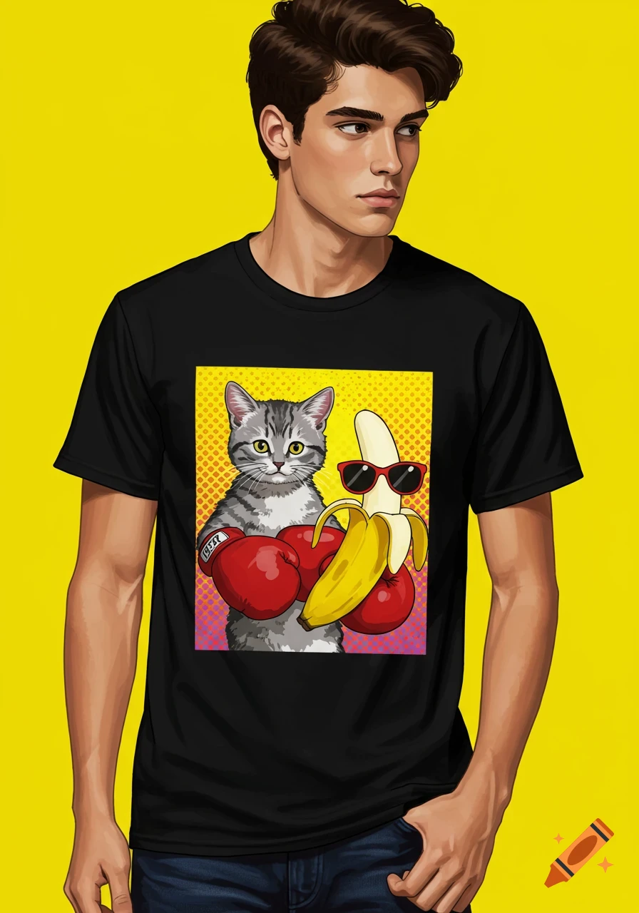 Male model wearing a black t-shirt with a pop art graphic of a boxing cat and a banana wearing sunglasses.