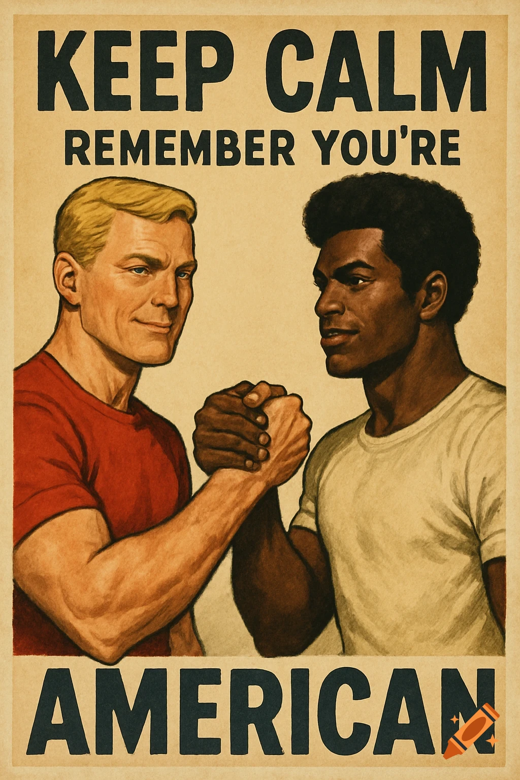 Vintage propaganda poster of a blonde man and a Black man shaking hands, with text 'KEEP CALM REMEMBER YOU'RE AMERICAN'.