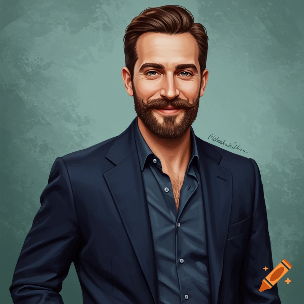 An illustrated portrait of a man with a beard and mustache, wearing a dark blue suit and shirt, smiling.